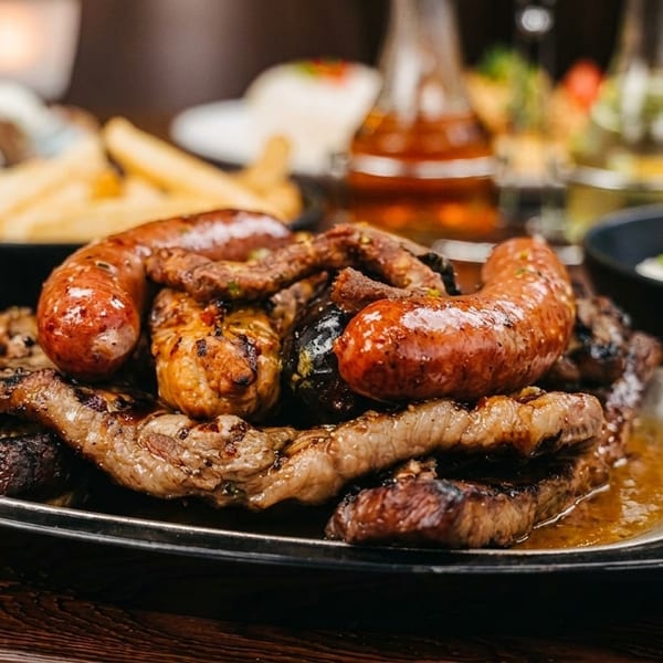 Grilled sausages, steak, and other meats on a sizzling platter, with sides in the background.