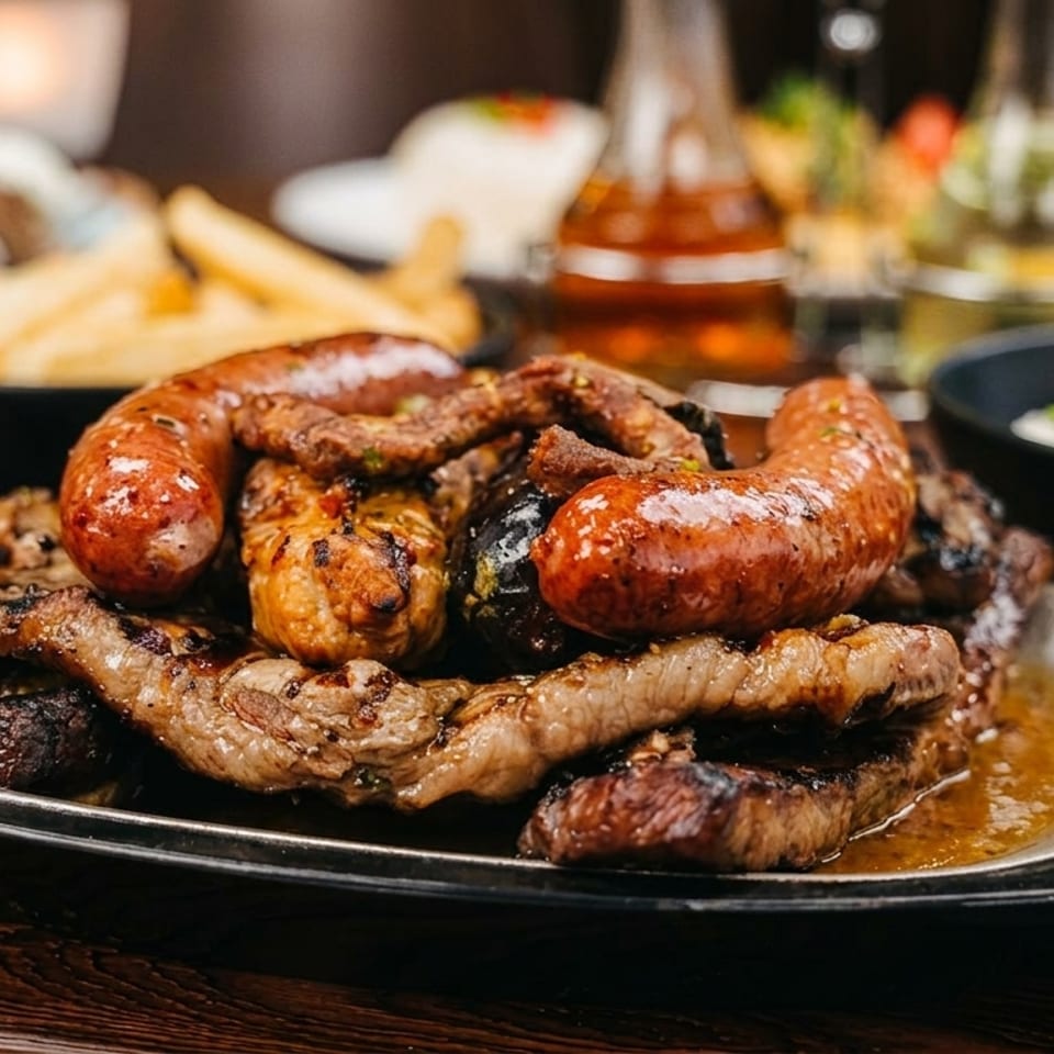 Grilled sausages, steak, and other meats on a sizzling platter, with sides in the background.