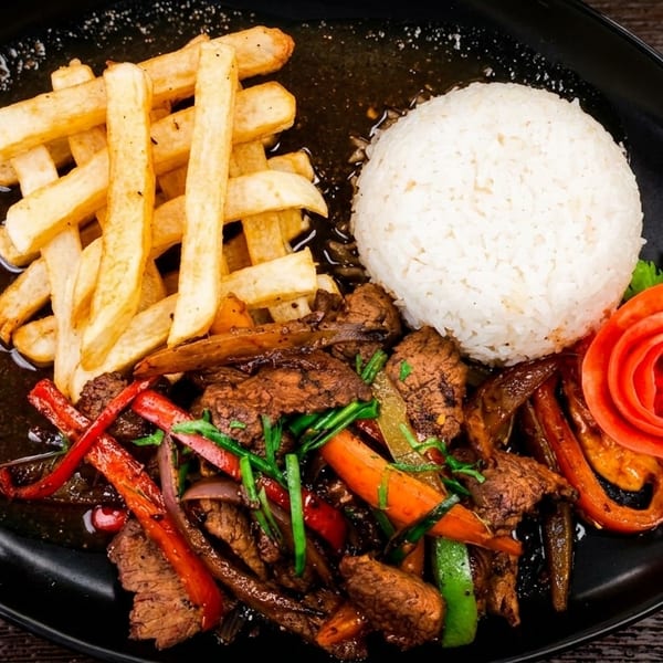 Lomo Saltado with steak, vegetables, fries, and rice, garnished with a tomato rose.