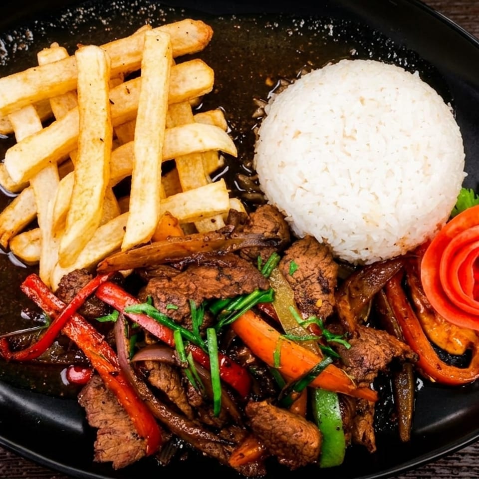 Lomo Saltado with steak, vegetables, fries, and rice, garnished with a tomato rose.