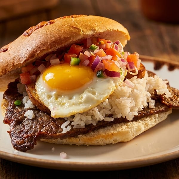 A steak sandwich with rice, a fried egg, and pico de gallo on a white plate.