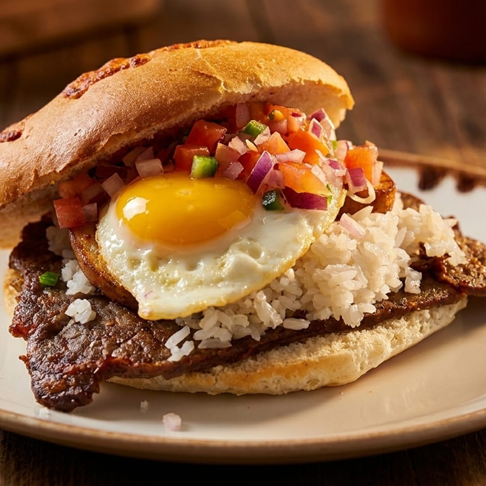 A steak sandwich with rice, a fried egg, and pico de gallo on a white plate.