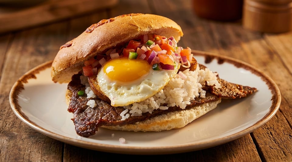 A steak sandwich with rice, a fried egg, and pico de gallo on a white plate.