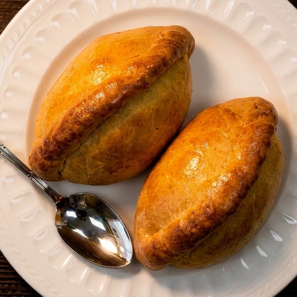 Two golden-brown Cornish pasties on a white scalloped plate with a silver spoon on a wooden table.