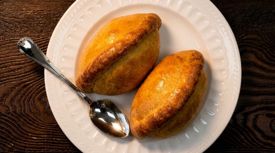 Two golden-brown Cornish pasties on a white scalloped plate with a silver spoon on a wooden table.