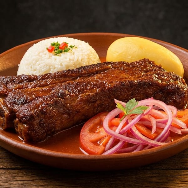 Braised short ribs with white rice, boiled potato, and a side of sliced tomatoes and red onions.