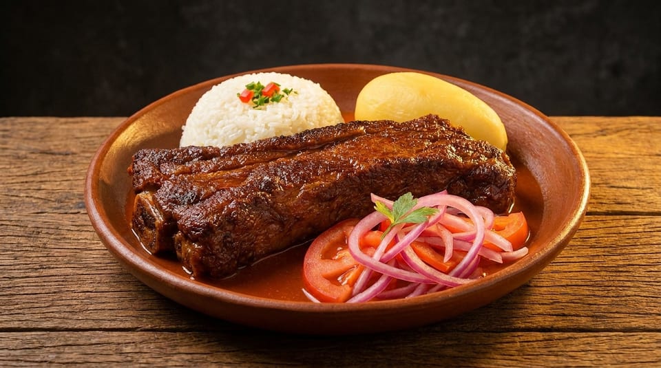 Braised short ribs with white rice, boiled potato, and a side of sliced tomatoes and red onions.