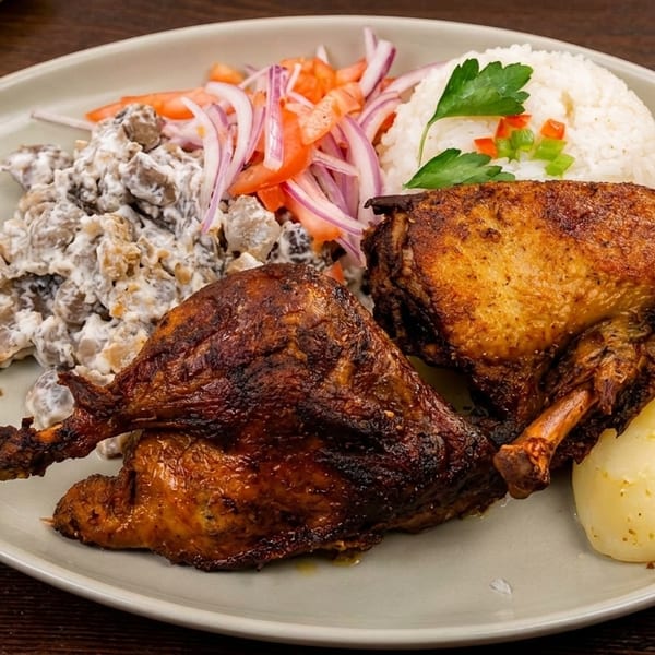 Two crispy roasted duck legs with rice, mushroom salad, and boiled potatoes on a plate.