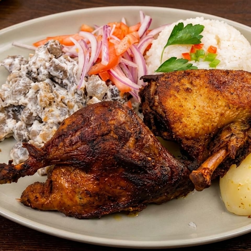 Two crispy roasted duck legs with rice, mushroom salad, and boiled potatoes on a plate.