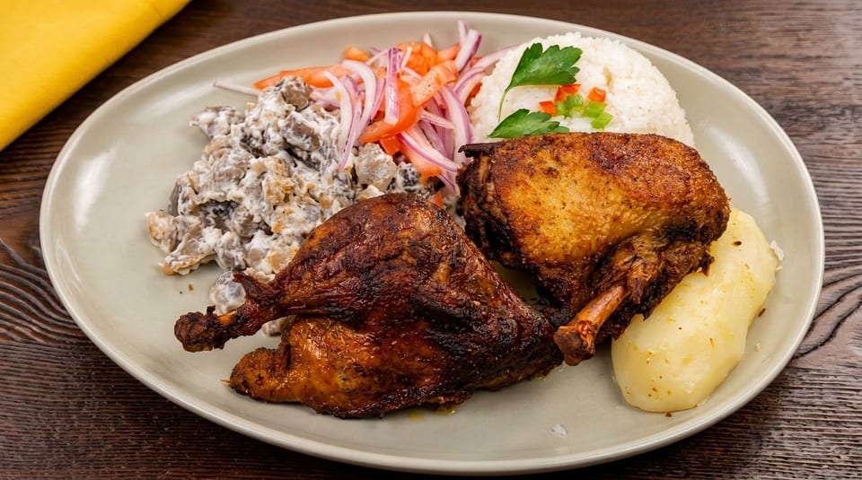 Two crispy roasted duck legs with rice, mushroom salad, and boiled potatoes on a plate.